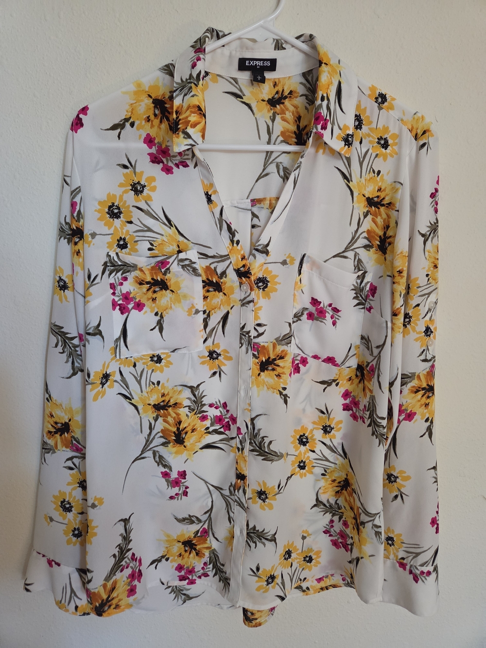 Express White Floral Button-Up Blouse with Yellow & Pink Print